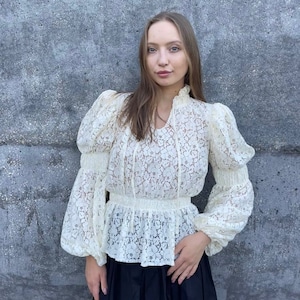 Spitzenbluse für Sie Frauen Elegantes Shirt Freizeithemden Blusas Vintage Rüschenshirt mit Puffärmel Boho Romantisch FashionElenaDeNell