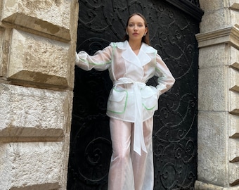 Blusa y pantalón blanco roto de organza, conjunto de boda