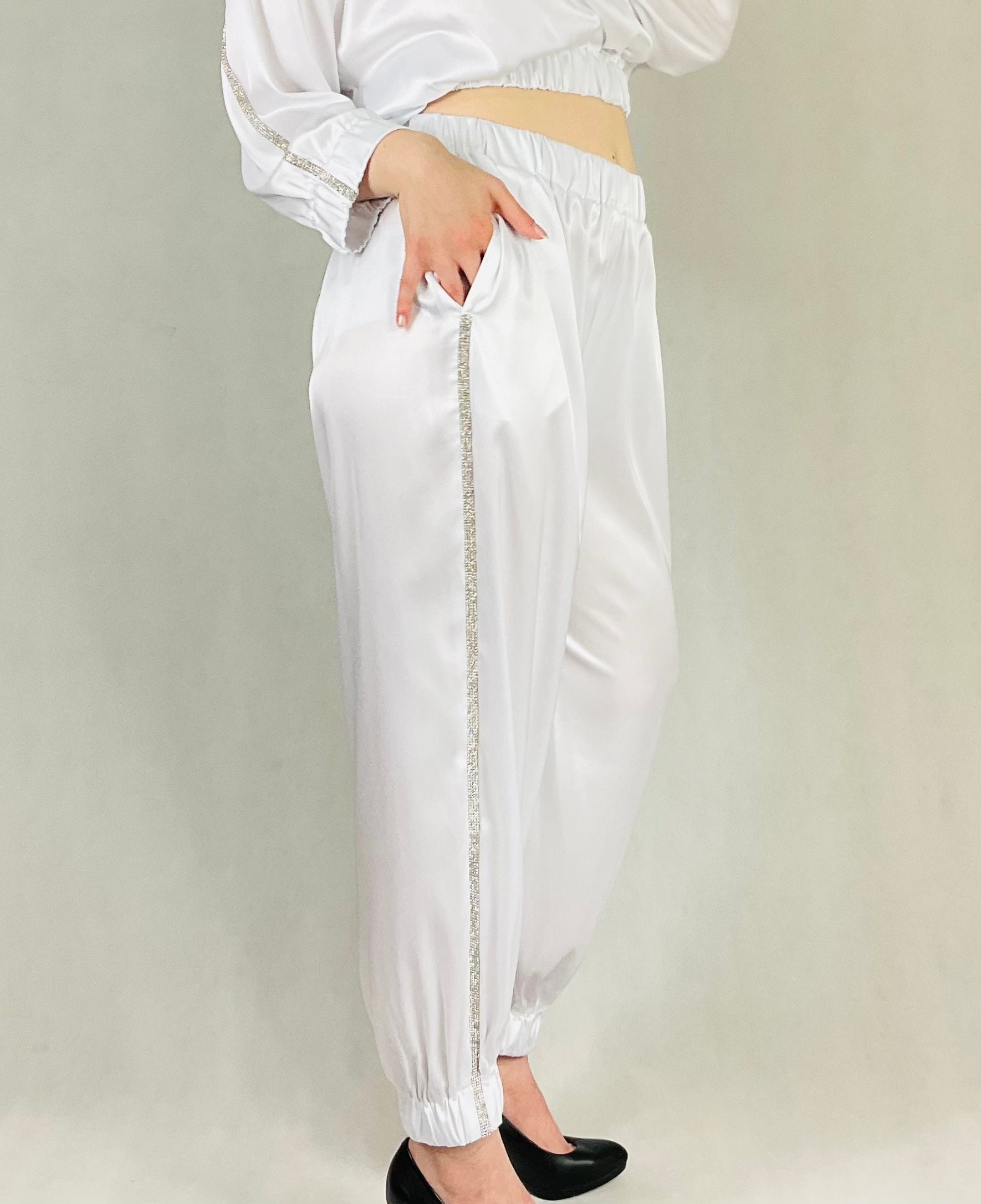 White Satin Pants, Wide Leg Long Pants for Women, Silk High