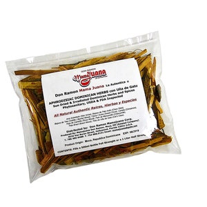 May include: A clear plastic bag filled with brown, dried herbs and spices. The bag has a white label with the text "Don Ramon Mama Juana La Autentica" and "APHRODISIAC DOMINICAN HERBS con Uña de Gato". The label also includes the text "Sun Dried & Irradiated Dominican Herbs and Spices", "Phytosanitary, USDA & FDA Inspected", and "All Natural Authentic Raices, Hierbas y Especias".