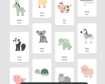 50 Tarjetas bilingües de vocabulario de animales, Tarjetas preescolares, Tarjetas didácticas Montessori, Tarjetas de impresión educativa, Archivo digital