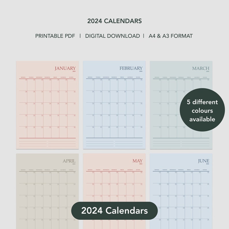 2024 Calendar Printable, A4 and A3 Format, 5 Different Colours at Your ...
