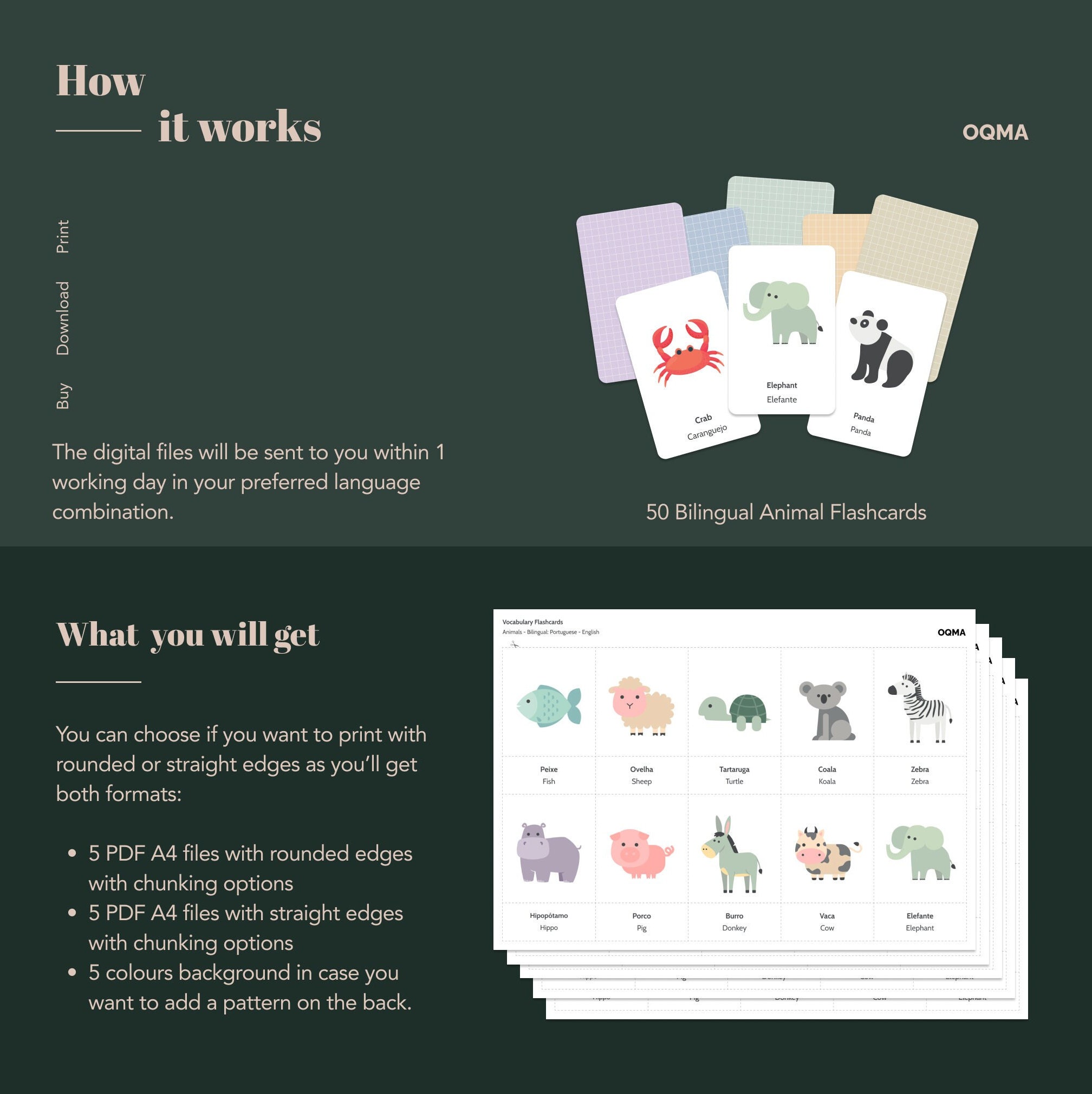 50 Bilingual Animals Vocabulary Flashcards, Pre-school Cards ...