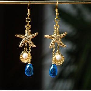 Starfish Sea Glass Earrings, Shell Pearl Earrings, Blue Aqua Sea Drop Earrings, Gift For Her
