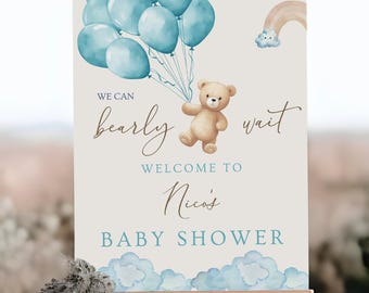 Editable Brown Bear Balloon Baby Shower Welcome Sign We Can Bearly Wait Baby Shower Poster Blue Boy Boho Bear Baby Shower Decor
