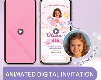 Personalized Unicorn Birthday Invitation, Four Magical Girl Birthday Invite, Pastel Rainbow Party Evite