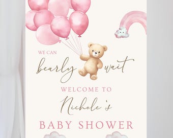Boho It's a Girl Boho Bear Welcome Editable Bearly Wait Welcome Sign Bear Balloon Shower Bearly Wait Shower Girl Teddy Shower Pink Baby Girl