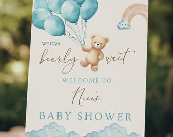 テディベア ウェルカムサイン We Can Bearly Wait 男の子用 ベビーシャワー パーティー デコレーション ブルー ポスター ボヘミアン ベア ウェルカム We Can Bearly Wait ウェルカムサイン