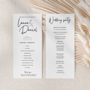 May include: Wedding ceremony program with the names Laura & Daniel, followed by a list of the wedding ceremony order. The second page lists the wedding party with the names of the parents of the bride and groom, the matron of honor, best man, bridesmaids, groomsmen, flower girl, usher, and officiant.