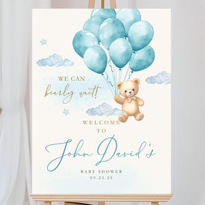 Editable We Can Bearly Wait Baby Shower Welcome Sign It&#39;s a Boy Bear Balloon Baby Shower Poster Blue Boho Bear Baby Shower Decor