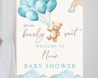 編集可能な「We Can Bearly Wait」ベビーシャワーウェルカムサイン「It's a Boy」ベアバルーンベビーシャワーポスター「Blue Boho Bear」ベビーシャワーデコレーション