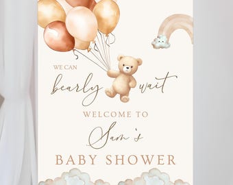 Bearbeitbares geschlechtsneutrales Bärn-Babyparty-Willkommensschild, Wir können Bärenbabyparty-Plakat warten, brauner Boho Bärn-Babypartydekor