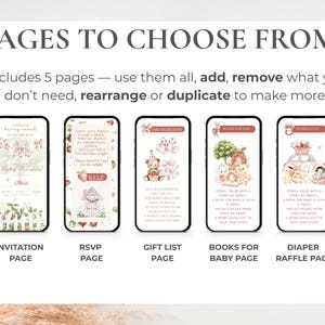 May include: Digital invitation template showcasing five mobile phone screens. Each screen displays a different page: invitation, RSVP, gift list, books for baby, and diaper raffle. The design features a strawberry theme.