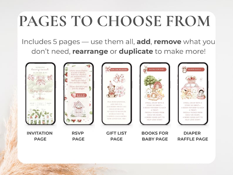 May include: Digital invitation template showcasing five mobile phone screens. Each screen displays a different page: invitation, RSVP, gift list, books for baby, and diaper raffle. The design features a strawberry theme.