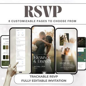 Könnte beinhalten: Digitales Hochzeits-RSVP-Einladungsdesign, das auf Smartphones angezeigt wird. Das Design umfasst anpassbare Seiten, Hochzeitsdetails und einen Countdown. Der Text enthält "RSVP", "Eleanor & Daniel" und "Trackable RSVP".