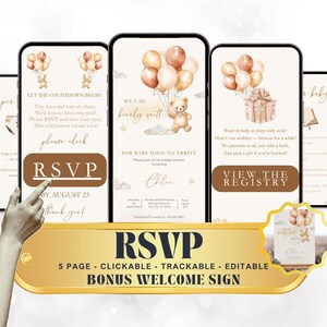 May include: A digital baby shower invitation displayed on five smartphones. The design features teddy bears, balloons, and text that reads "RSVP" and "View the Registry." A gold banner at the bottom highlights features like "Clickable" and "Bonus Welcome Sign."
