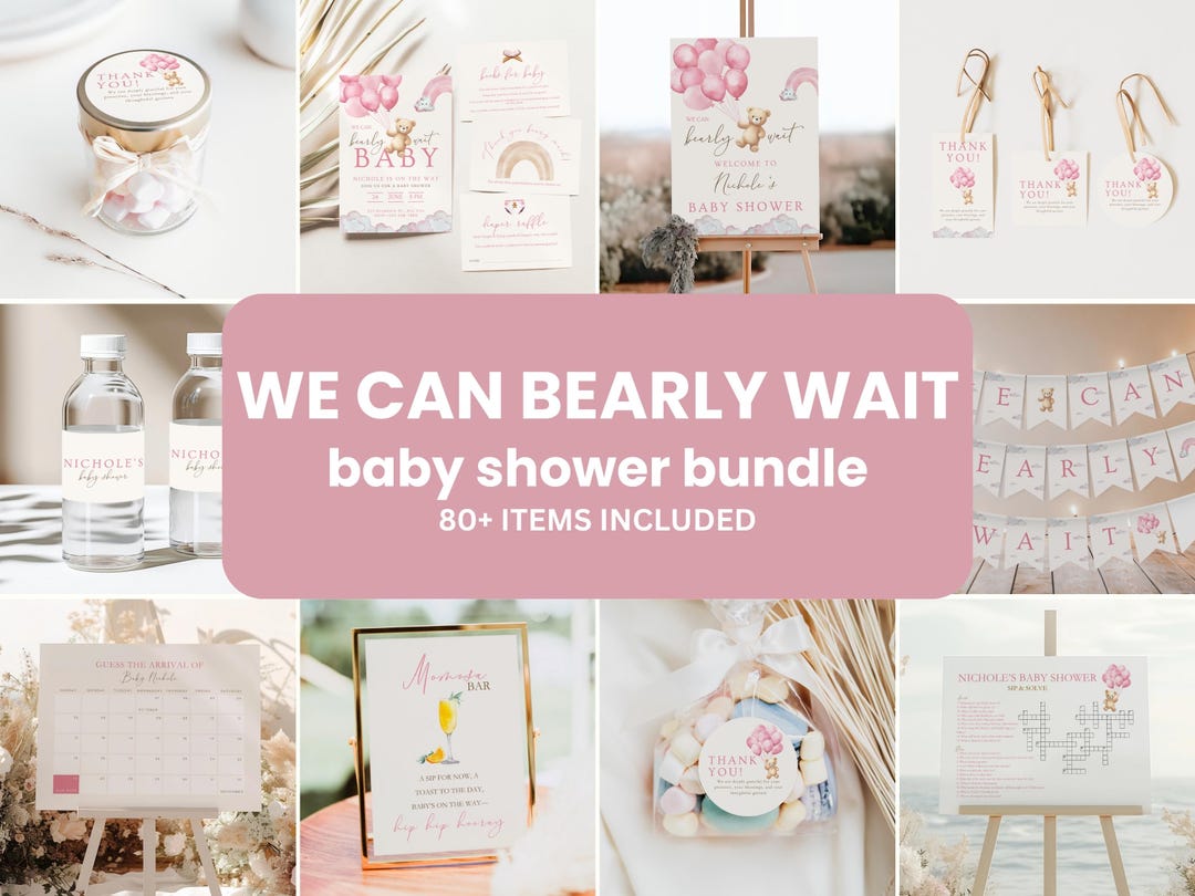 Editable Bear Girl Shower Set – Baby Shower Suite with Pink Boho Teddy ...