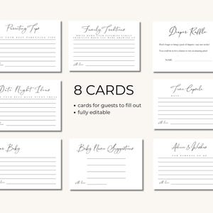 Puede incluir: Ocho tarjetas imprimibles para un baby shower. Las tarjetas tienen diferentes indicaciones para que los invitados las rellenen, como "Consejos para padres", "Tradiciones familiares", "Rifa de pa&ntilde;ales", "Ideas para citas nocturnas", "C&aacute;psula del tiempo", "Querido beb&eacute;", "Sugerencias de nombres para beb&eacute;s" y "Consejos y deseos".