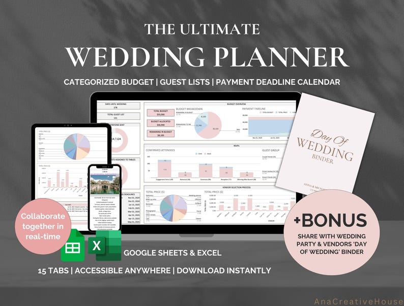 May include: A digital wedding planner with 15 tabs, accessible on Google Sheets and Excel. The planner includes a categorized budget, guest lists, and a payment deadline calendar. A bonus 'Day of Wedding' binder is also included.