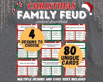 May include: A Christmas Family Feud game with 80 unique cards. The cards feature a green and red background with a festive design. The cards are divided into four categories: common Christmas decorations, activities people do in the snow, gifts that are hard to wrap, and Christmas carols. The cards are numbered 1-80.