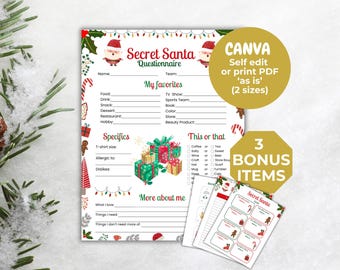 Printable Secret Santa Gift Exchange Questionnaire for Christmas and Holiday Santa Fun, Present Swap Game, Secret Santa Questionnaire