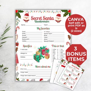 Cuestionario imprimible de amigo secreto, juego de intercambio de regalos de Navidad, cuestionario de Navidad, preguntas para compañeros de trabajo, lista de deseos de empleados para intercambio de regalos