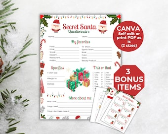 Secret Santa Questionnaire Printable, Christmas Gift Exchange Game, Xmas questionnaire, Coworker Questions Present Swap Employee Wish List