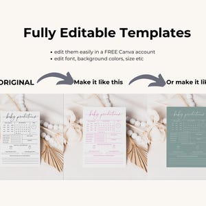 Puede incluir: Tres cartas de predicciones de beb&eacute; imprimibles, una en blanco y negro, una en rosa y otra en verde. Las cartas se muestran en una mesa con un fondo blanco. El texto en las cartas dice "predicciones de beb&eacute;".