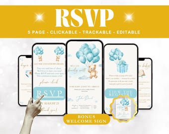 We Can Bearly Wait Bear Balloon Shower Boy Blue Teddy Bear Invite Baby Shower Invitation Template Clickable RSVP Tracker RSVP Online Form