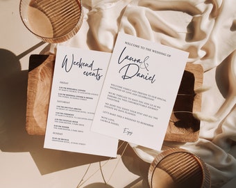 Moderner Willkommensbrief & Timeline Vorlage, Minimalistische Hochzeitsordnung, Reiseplan Vorlage, INSTANT DOWNLOAD, LAURA