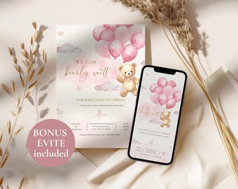 May include: A baby shower invitation and a smartphone displaying the same design. The invitation and phone screen feature a teddy bear holding pink balloons, with the text "We can bearly wait!" and details for the event.