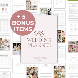 以下が含まれることがあります： ピンクと白のカラーテーマの印刷可能なウェディングプランナー。表紙には「My Wedding Planner」というテキストと、「Anna & Michael」という名前、そして「7.7.2025」という日付が記載されています。このプランナーには、チェックリスト、予算トラッカー、結婚式を計画するのに役立つその他のツールが含まれています。