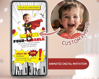 Editable Superhero Birthday Invitation , Animated 4th Birthday Invite With Photo, Kids Birthday Party Template