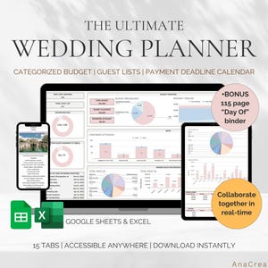 Foglio di calcolo per wedding planner all-in-one, foglio di calcolo per il budget del matrimonio, foglio di calcolo per il budget di GoogleFogli per il matrimonio, checklist di pianificazione del matrimonio Excel, posti a sedere
