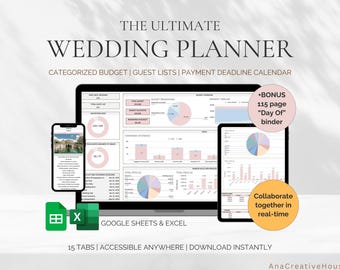 All-In-One Wedding Planner Spreadsheet, Wedding Budget Spreadsheet, Wedding Googlesheets Budget, Wedding Planning Checklist Excel, Seating