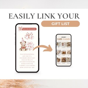 May include: Two smartphones display a baby gift registry and guide. The larger phone shows a teddy bear, balloons, and a gift box. Text reads "Easily Link Your Gift List." The smaller phone shows a baby gift guide.