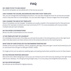 K&ouml;nnte beinhalten: FAQ-Seite mit Informationen zur Verwendung von Canva-Vorlagen. Die Seite enth&auml;lt Informationen zum &Auml;ndern von Farben, Hintergrund, Schriftart, Gr&ouml;&szlig;e und Empfehlungen f&uuml;r den Druck auf Karton.