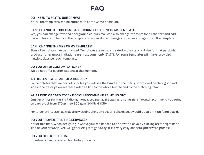 K&ouml;nnte beinhalten: FAQ-Seite mit Informationen zur Verwendung von Canva-Vorlagen. Die Seite enth&auml;lt Informationen zum &Auml;ndern von Farben, Hintergrund, Schriftart, Gr&ouml;&szlig;e und Empfehlungen f&uuml;r den Druck auf Karton.