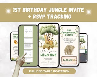 Wild One Safari Animal Birthday Invitation, Editable Canva Template, Online RSVP Digital Invite for Jungle Party