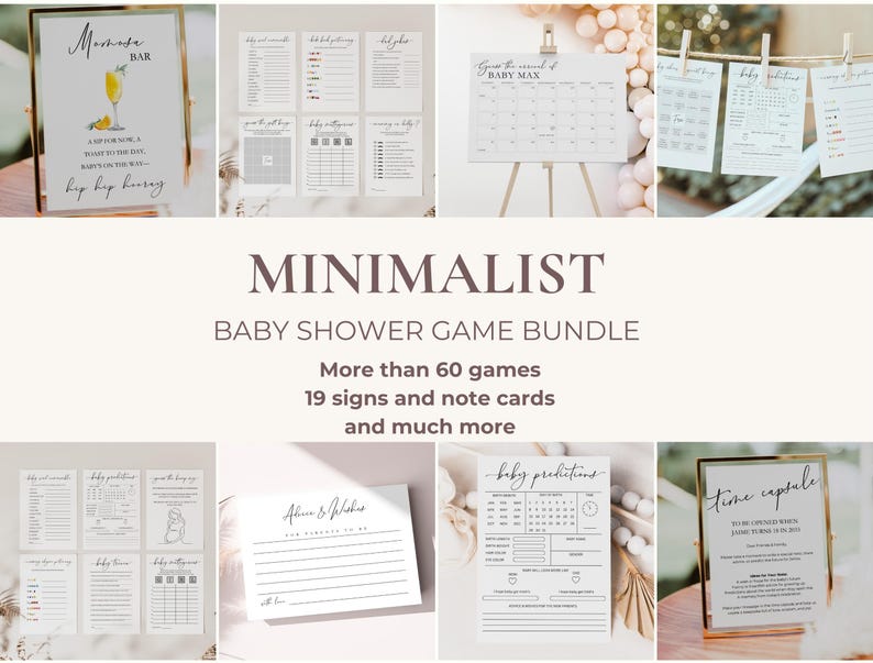 Puede incluir: Una colecci&oacute;n de juegos y carteles imprimibles para baby shower en un estilo minimalista. Los juegos incluyen "Predicciones de beb&eacute;", "C&aacute;psula del tiempo" y "Consejos y deseos".