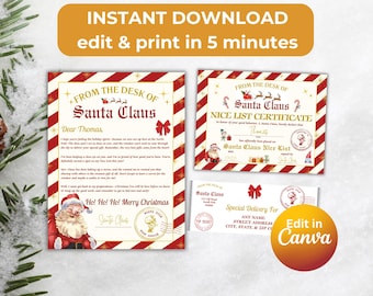 May include: Printable Santa Claus letter and certificate template with red and white striped background. The letter is addressed to Thomas and includes a message from Santa Claus. The certificate states that Thomas has been placed on the Nice List. The template includes a space to add a name, address, and a message from Santa Claus.