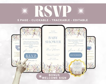 Dusty Blue Baby In Bloom Digitale Einladung mit nachverfolgbarer Antwortzeit Online Babyparty-Registratur Baby In Bloom Custom Baby Boy in Bloom
