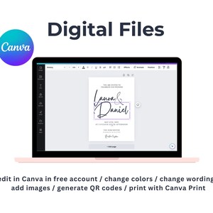K&ouml;nnte beinhalten: Ein Laptop-Bildschirm zeigt eine Hochzeits-Einladungsvorlage in Canva. Die Einladung hat ein schlichtes Design mit den Namen "Laura & Daniel" in einer handschriftlichen Schriftart. Der Text "Sie sind eingeladen, unsere Hochzeit zu feiern" ist ebenfalls enthalten. Die Einladung ist anpassbar und kann in Canva bearbeitet werden.