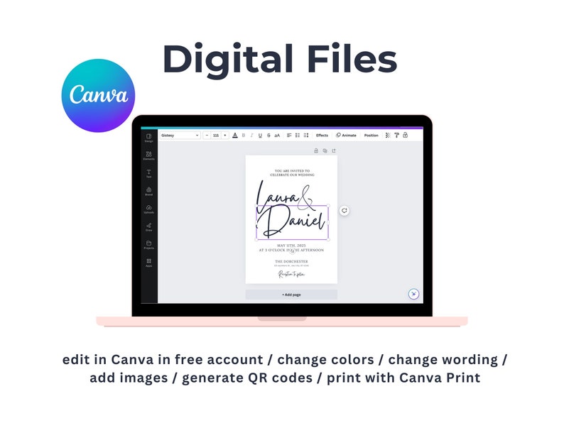 K&ouml;nnte beinhalten: Ein Laptop-Bildschirm zeigt eine Hochzeits-Einladungsvorlage in Canva. Die Einladung hat ein schlichtes Design mit den Namen "Laura & Daniel" in einer handschriftlichen Schriftart. Der Text "Sie sind eingeladen, unsere Hochzeit zu feiern" ist ebenfalls enthalten. Die Einladung ist anpassbar und kann in Canva bearbeitet werden.