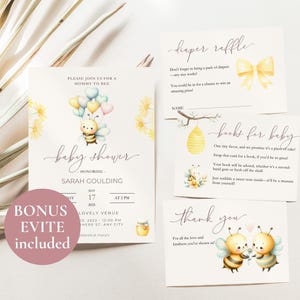 Convite para chá de bebê da mamãe para abelha, pacote de convites para chá de bebê da mamãe para abelha, conjunto de convites para chá de bebê dos pais para abelhas, rifa de fraldas, Evite