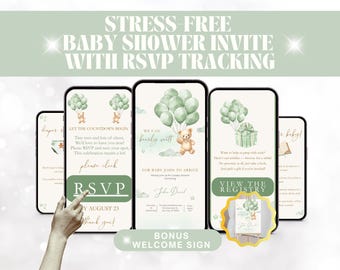Green Teddy Bear Baby Shower Phone Invitation Baby Shower Invitation Gender Neutral Evite Editable Digital Template with Clickable RSVP