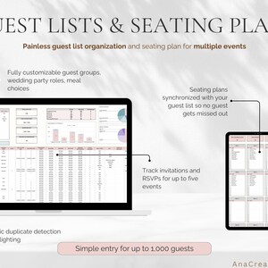 May include: A digital guest list and seating plan template displayed on a laptop and tablet. The text reads "GUEST LISTS & SEATING PLANS" and highlights features like customizable groups, RSVP tracking, and duplicate detection. The template is designed for up to 1,000 guests.