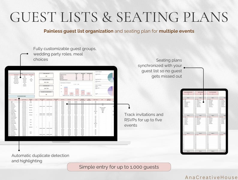 May include: A digital guest list and seating plan template displayed on a laptop and tablet. The text reads "GUEST LISTS & SEATING PLANS" and highlights features like customizable groups, RSVP tracking, and duplicate detection. The template is designed for up to 1,000 guests.