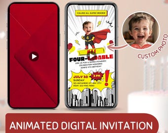 Superhero 4th Birthday Invitation, Editable Kids Birthday Invite, Custom Boy Birthday Party, Superhero Boy Party