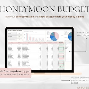 May include: A laptop screen displays a "Honeymoon Budget" spreadsheet. The screen shows charts and tables with financial data. Text on the screen includes "Plan your perfect vacation" and "Editable from anywhere." The laptop is on a light-colored surface.